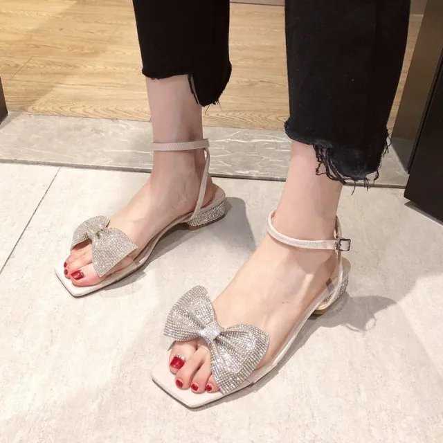 Bowknot Rhinestone Chunky Heel Sandals Pink - Shop at LoveMi