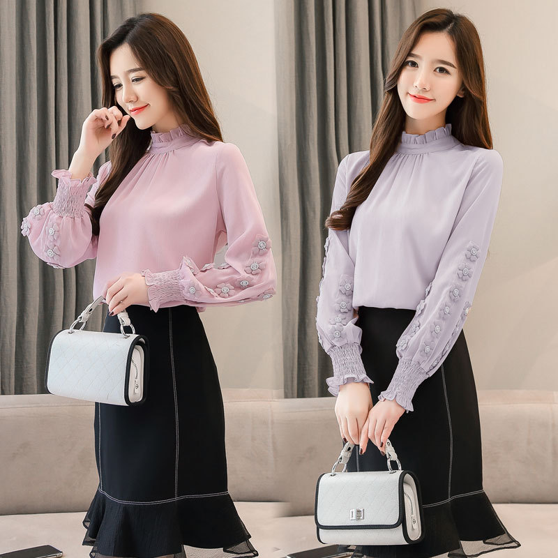 Stand-up Collar Beaded Long-sleeved Chiffon Shirt Lace Shirt