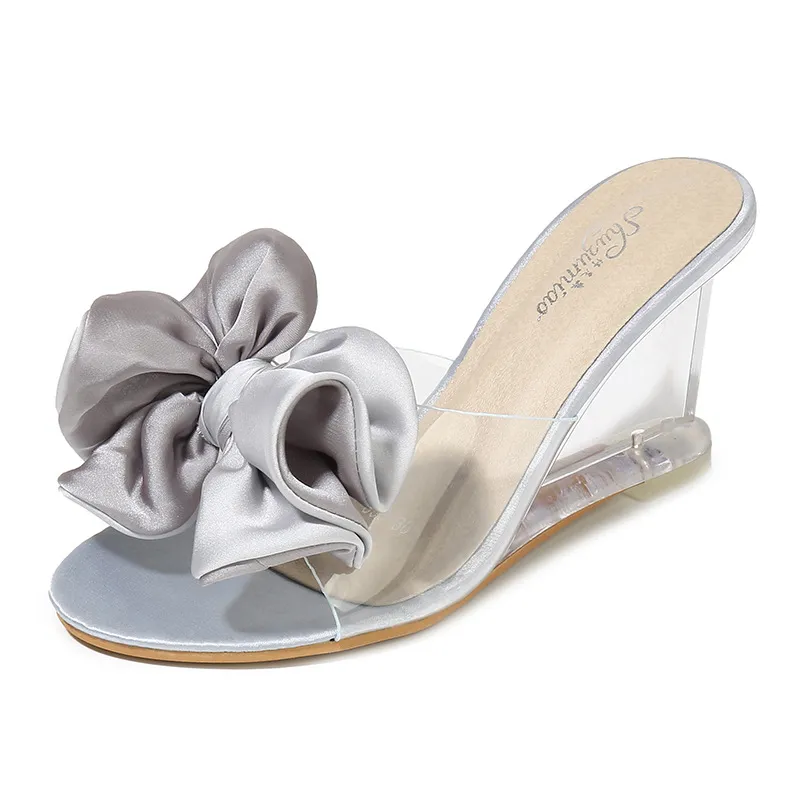 Women's Shoes One Word Buckle Simple Wedge Sandals - Silver
