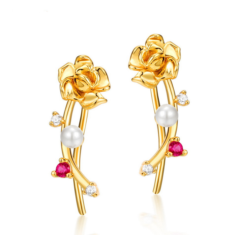 925 Silver Plated 9K Gold Valentine's Day Flower Diagonal Earrings