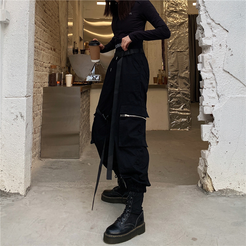 All-match Personality Cool Ribbon Pocket Overalls Women