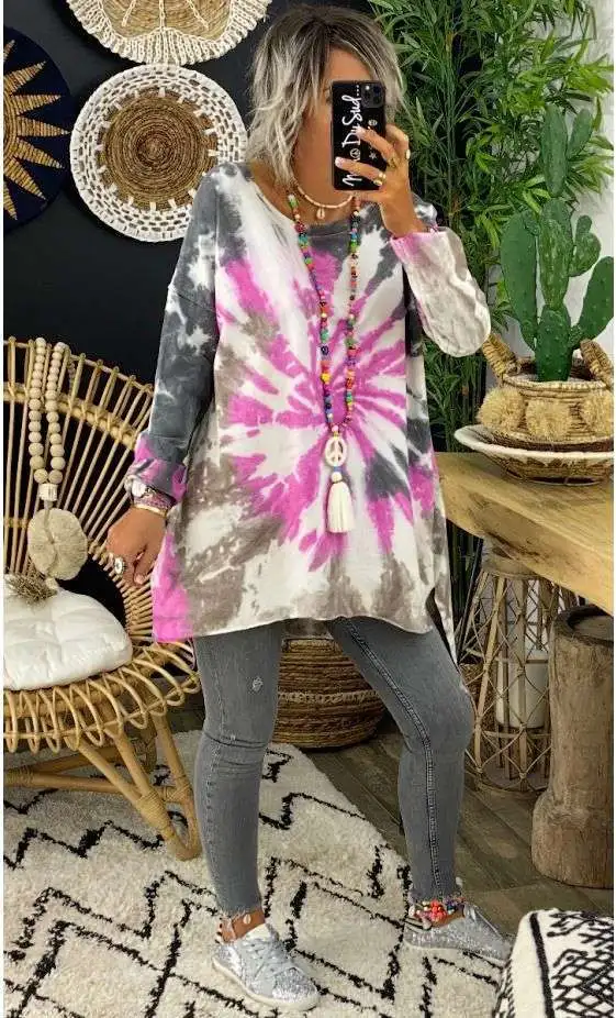 Irregular Tie Dye Mid Length Sweater Women Pink - Shop at LoveMi