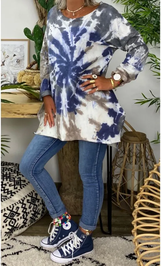 Irregular Tie Dye Mid Length Sweater Women Blue - Shop at LoveMi