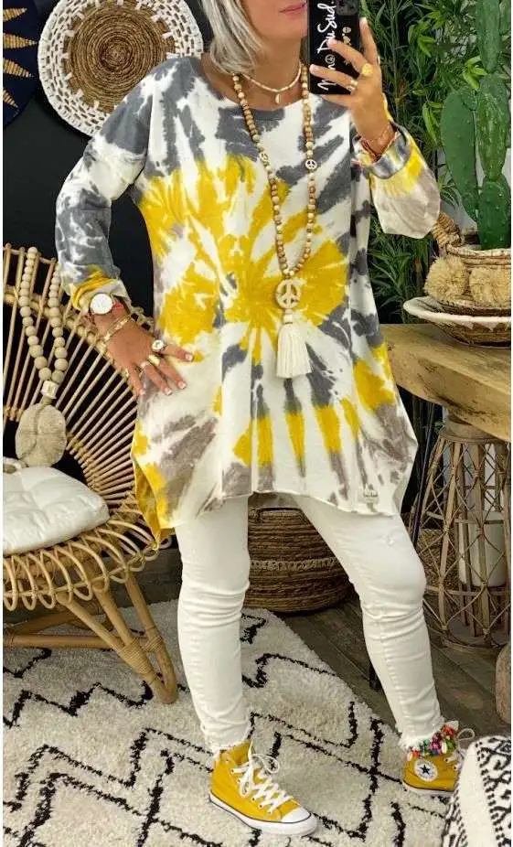 Irregular Tie Dye Mid Length Sweater Women Yellow - Shop at LoveMi