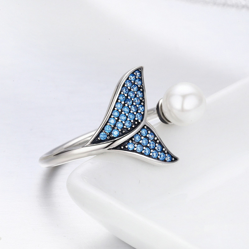 Sterling Silver Open Female Diamond Ring Fashion Mermaid Foam Pearl Ring
