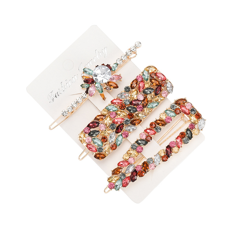 European and American fashion alloy diamond colored diamond flower geometric hairpin set side clip top clip three-piece set