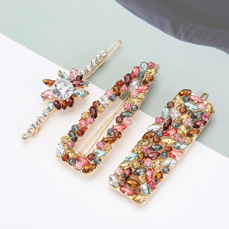 European and American fashion alloy diamond colored diamond flower geometric hairpin set side clip top clip three-piece set