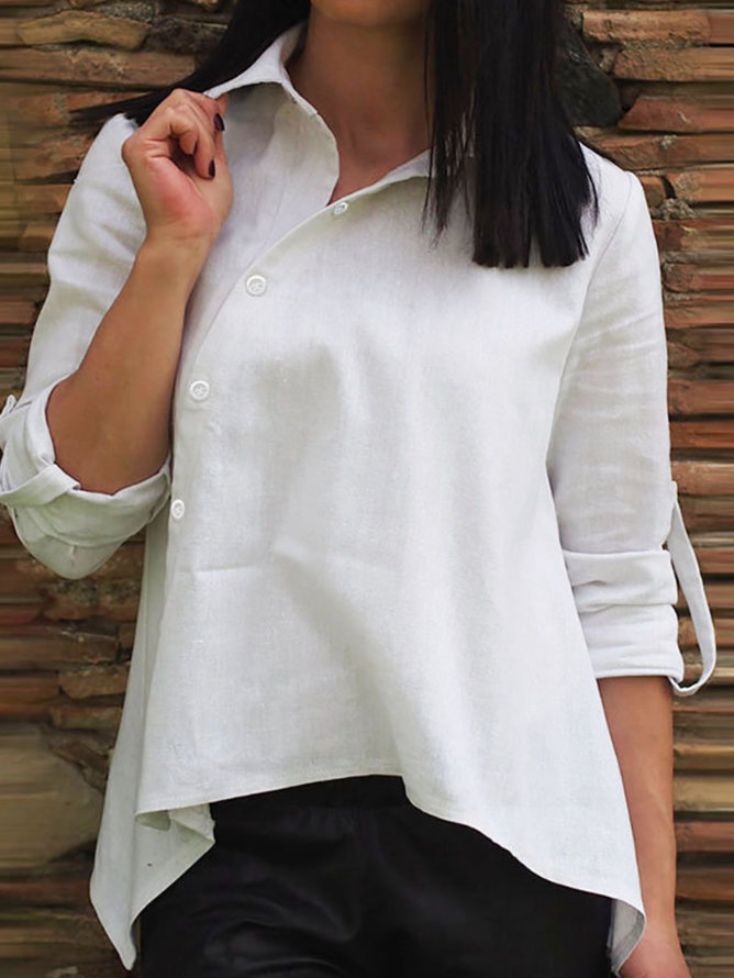 Irregular Cotton And Linen Long-Sleeved Lapel Blouse