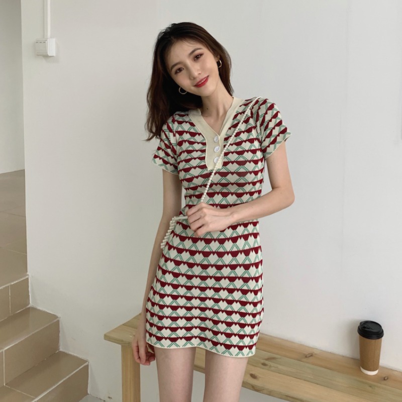 Thin Knitted Dress Women V-neck Slim Fit