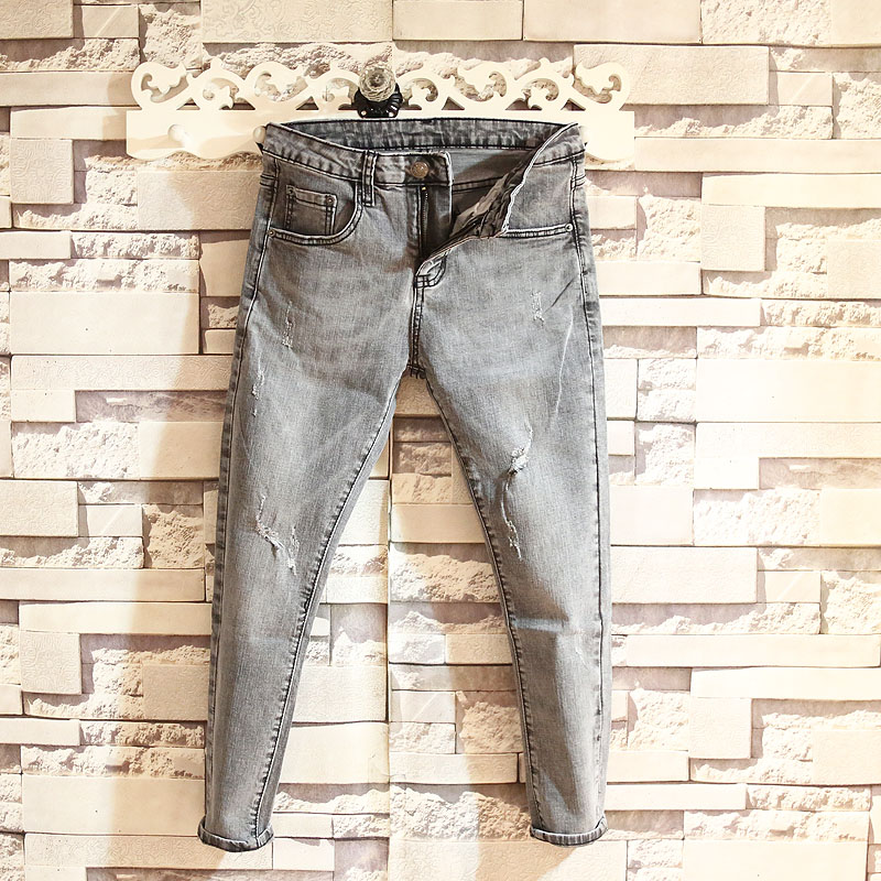 Smoky Gray Ripped Holes Fashion Trendy Warm Men Wear Pants With Small Feet