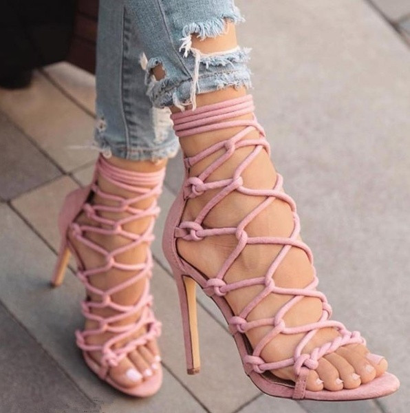 Back Zipper Ankle Strap High Stiletto Heel Ladies Plus Size Sandals Pink - Shop at LoveMi
