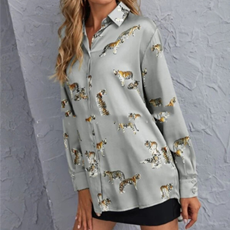 Tiger Pattern Printed Long-Sleeved Shirt Top Women