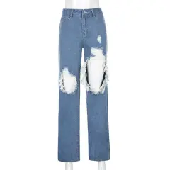 Ripped High Waist Washed Distressed Jeans - Light Blue - View 1