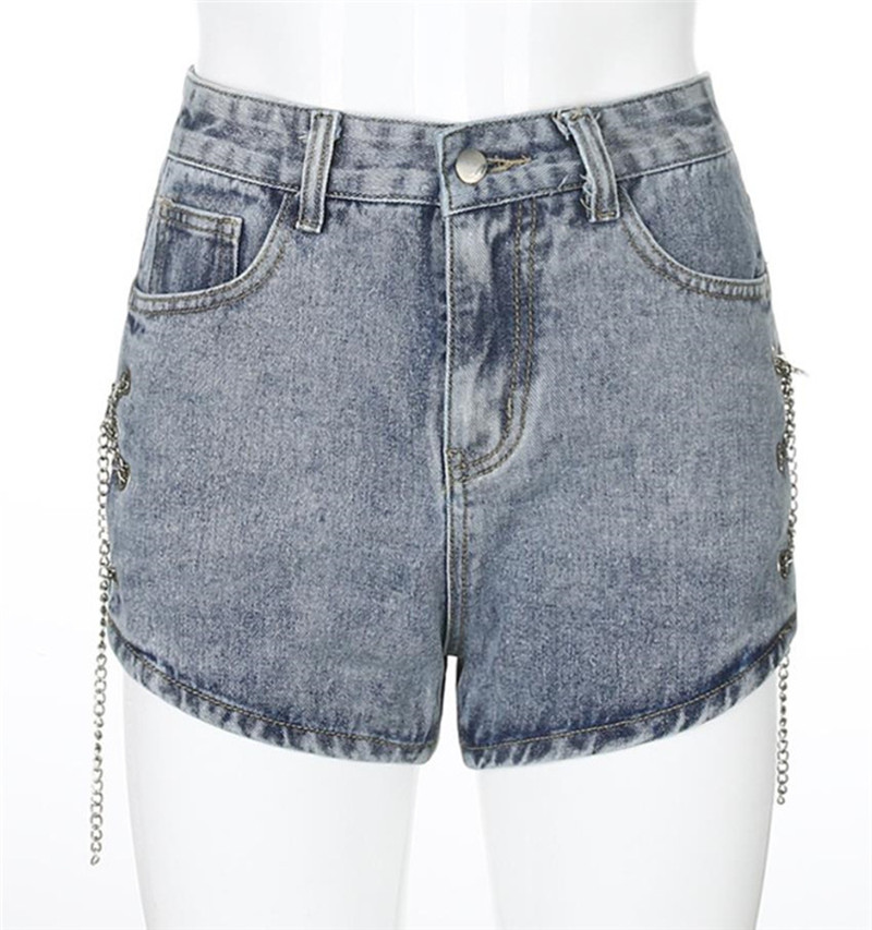 Side Slit Chain Hollow Denim Shorts Women's High Waist Was Thin and Versatile Blue - Shop at LoveMi