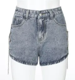 Side Slit Chain Hollow Denim Shorts Women's High Waist Was Thin and Versatile - Blue - View 1