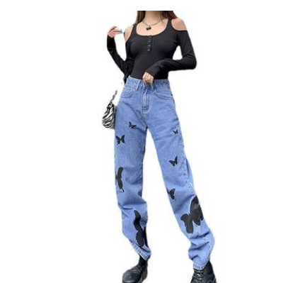 Title 1, High-Waisted Print All-Match Denim Straight Pan...