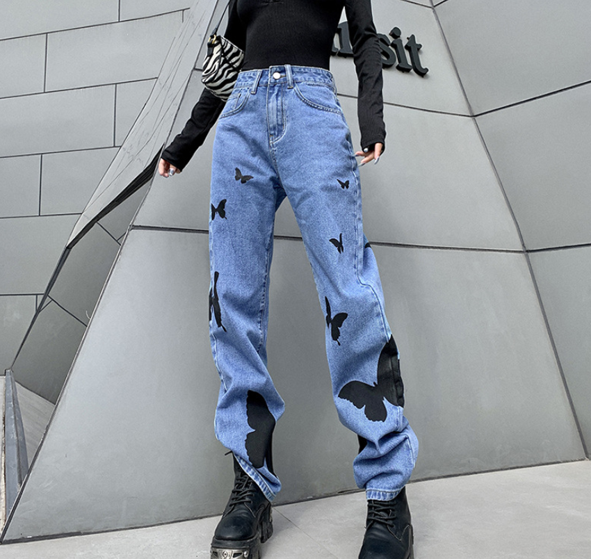 Title 6, High-Waisted Print All-Match Denim Straight Pan...