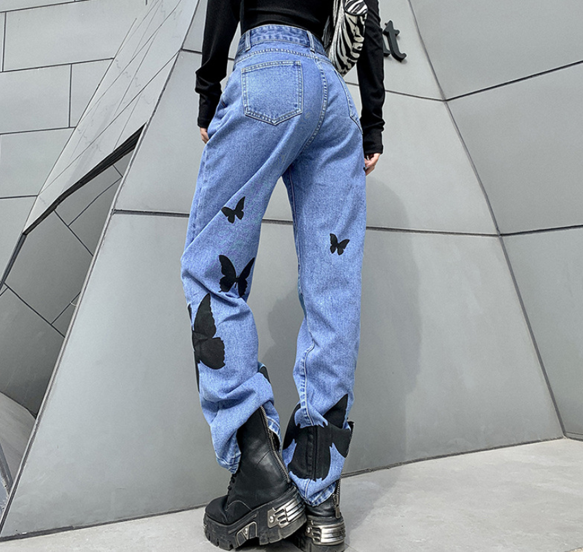 Title 4, High-Waisted Print All-Match Denim Straight Pan...