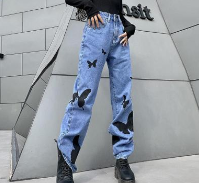 Title 3, High-Waisted Print All-Match Denim Straight Pan...