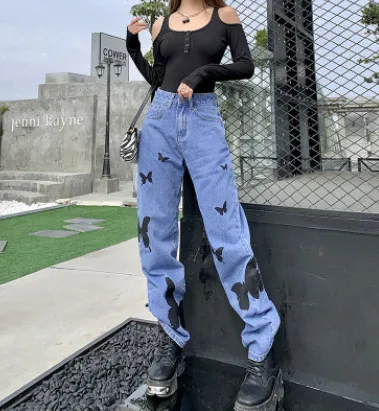 High Waisted Print All Match Denim Straight Pants Wome Blue - Shop at LoveMi