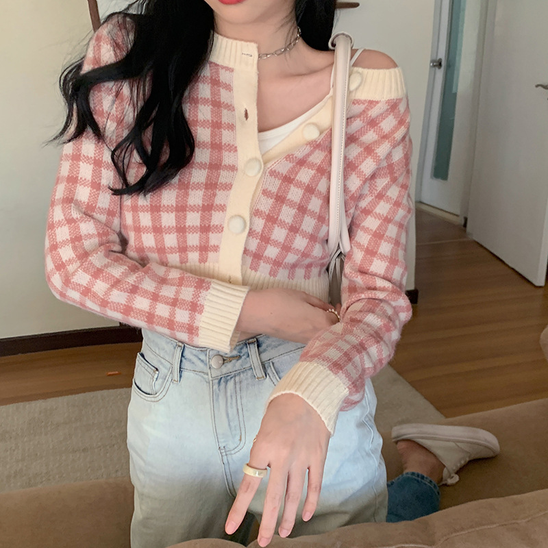 Retro Cardigan Short Jacket Plaid Knit Sweater