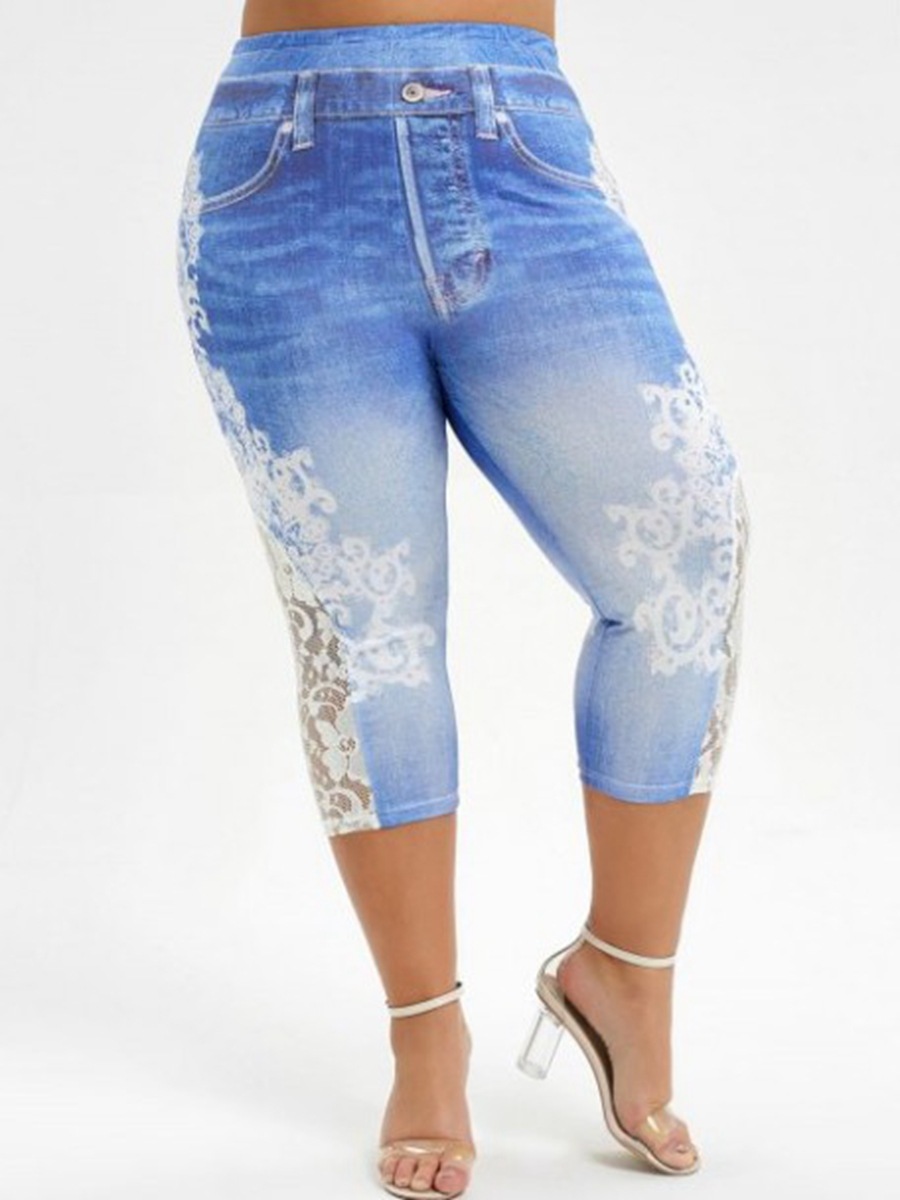 Denim Lace Stitching Print Leggings Woman