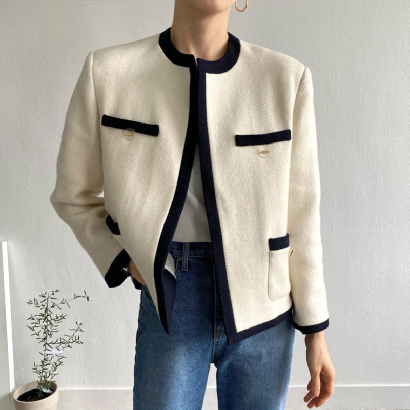 Retro Round Neck Colorblock Cardigan Double Pocket Long Sleeve Short Coat