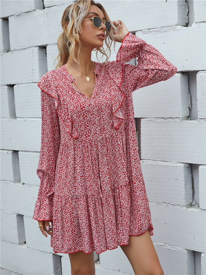 European and American ruffled floral ladies dress