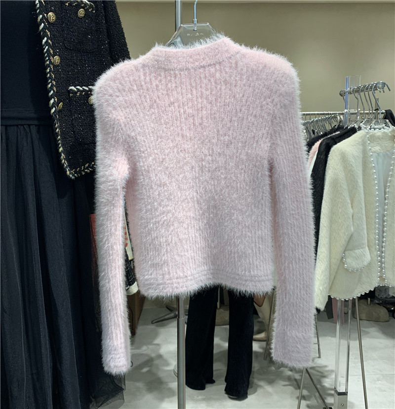 V-neck Mink Fur Slim-Fit Short Knit Cardigan Sweater Coat