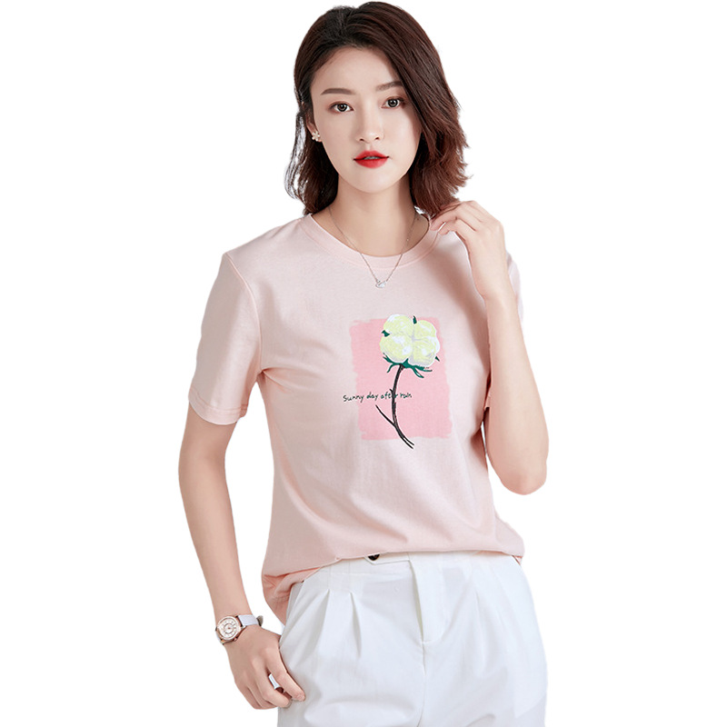 Temperament Short Sleeved Ladies Printed Cotton T Shirt