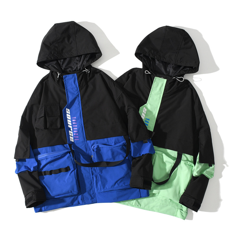 All-Match Multi-Pocket Tooling Tide Brand Color Matching Casual Hooded Jacket