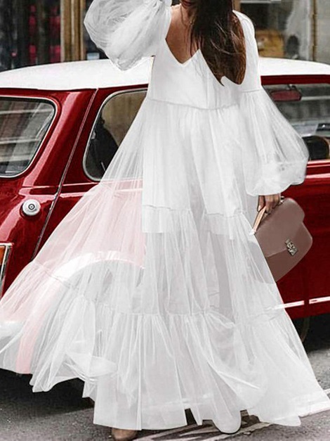 V-Neck Puff Sleeve Mesh See-Through Dress Long Skirt