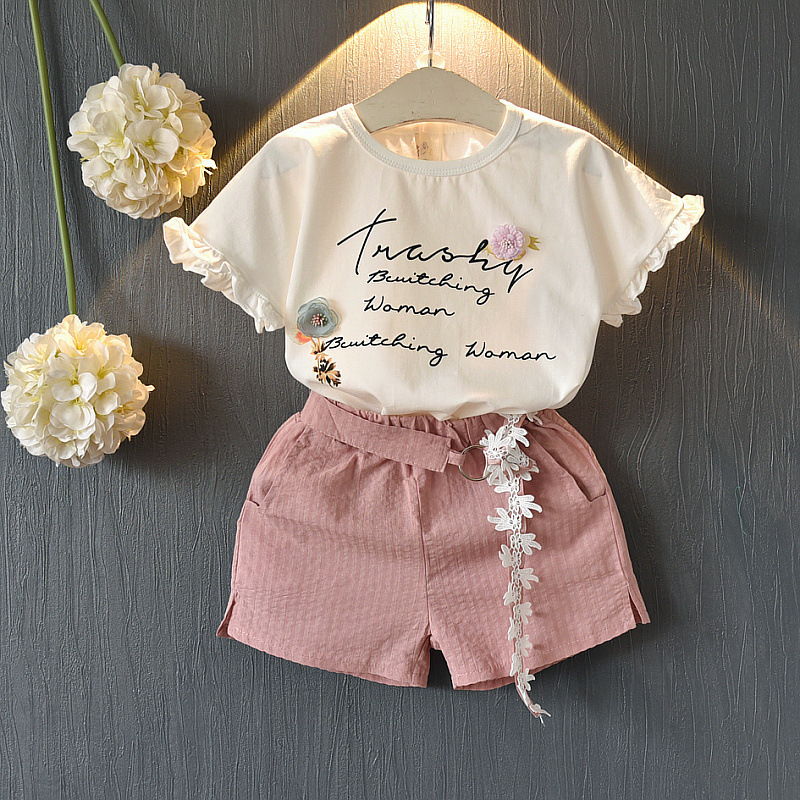 New Korean Girl Fashion Short-Sleeved T-Shirt Shorts Two-Piece Floral Belt Shorts And Printed Top