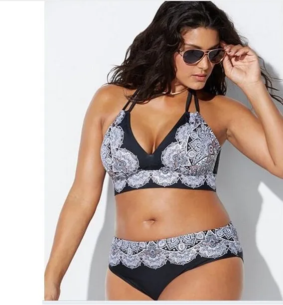 Printed Swimsuit Retro Bikini With Back Straps Grey - Shop at LoveMi