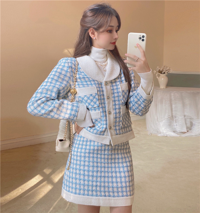 Woolen Short Coat Women's New Blue Plaid Top