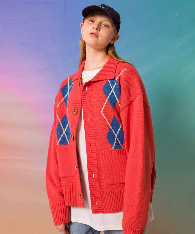 Cardigan Contrast Diamond Sweater Long Sleeve Knit Cardigan