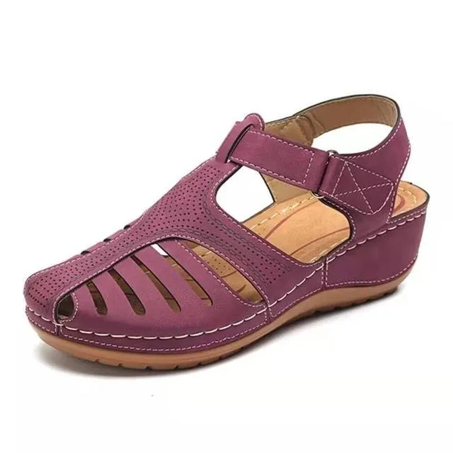 Plus Size Round Toe Wedge Heel Velcro Sandals Purple - Shop at LoveMi