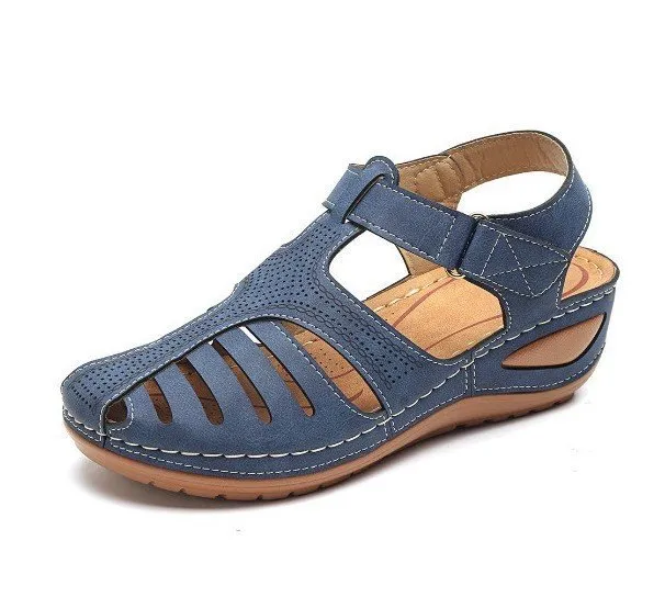 Plus Size Round Toe Wedge Heel Velcro Sandals Blue - Shop at LoveMi