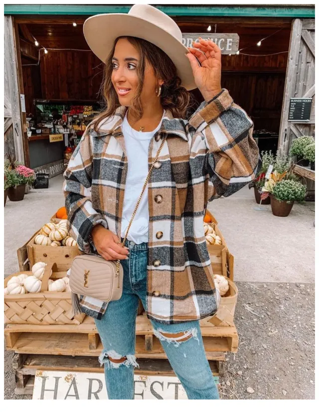 Autumn and Winter Long Sleeve Plaid Printed Shirt Coat Brown - Shop at LoveMi