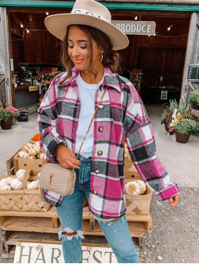 Autumn and Winter Long Sleeve Plaid Printed Shirt Coat Red - Shop at LoveMi