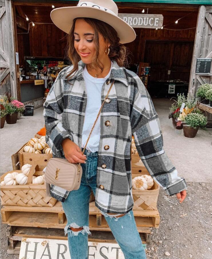 Autumn and Winter Long Sleeve Plaid Printed Shirt Coat 1Grey - Shop at LoveMi
