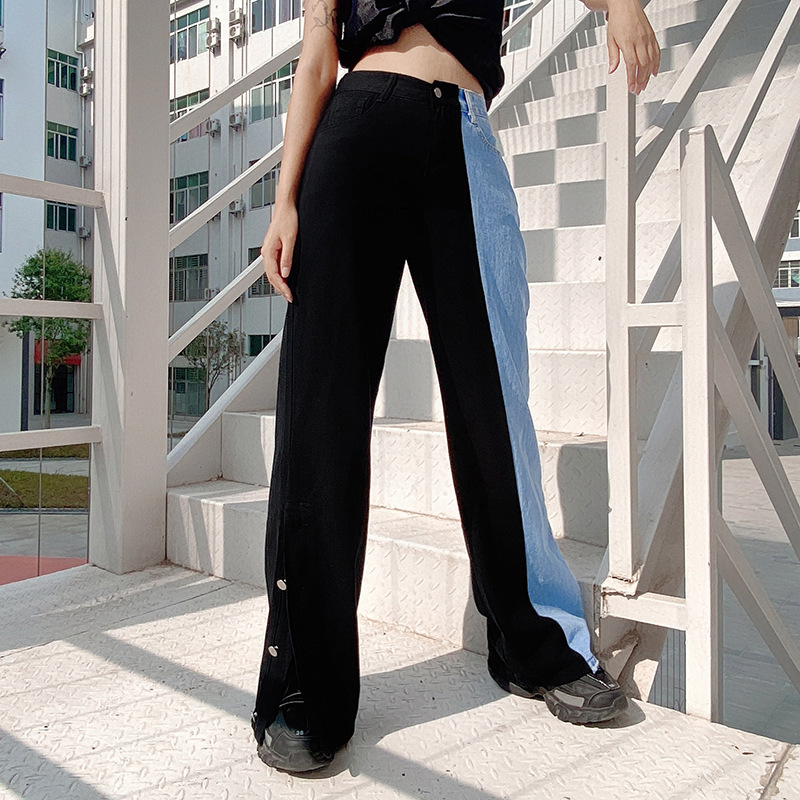 Title 2, Contrast Stitching High-waisted Thin Wide-leg J...