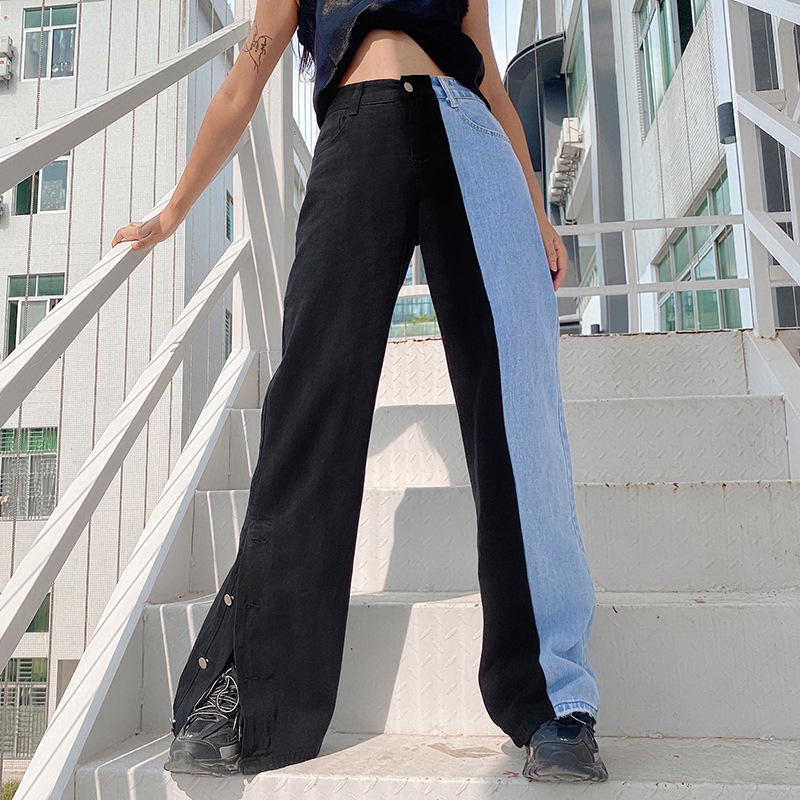 Title 5, Contrast Stitching High-waisted Thin Wide-leg J...