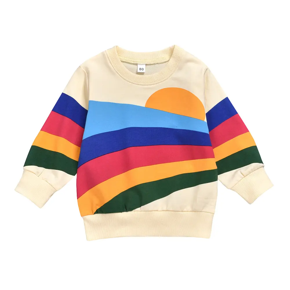 Western Style Rainbow Print Long Sleeved Round Neck Children's