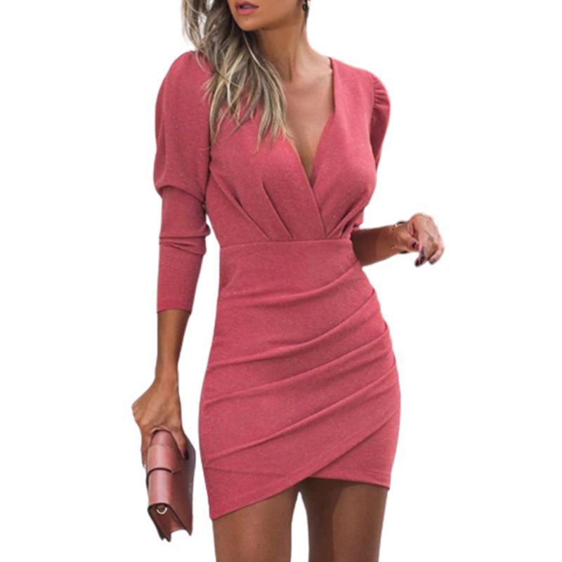 Waist Solid Color V-Neck Long-Sleeved Tight Skirt