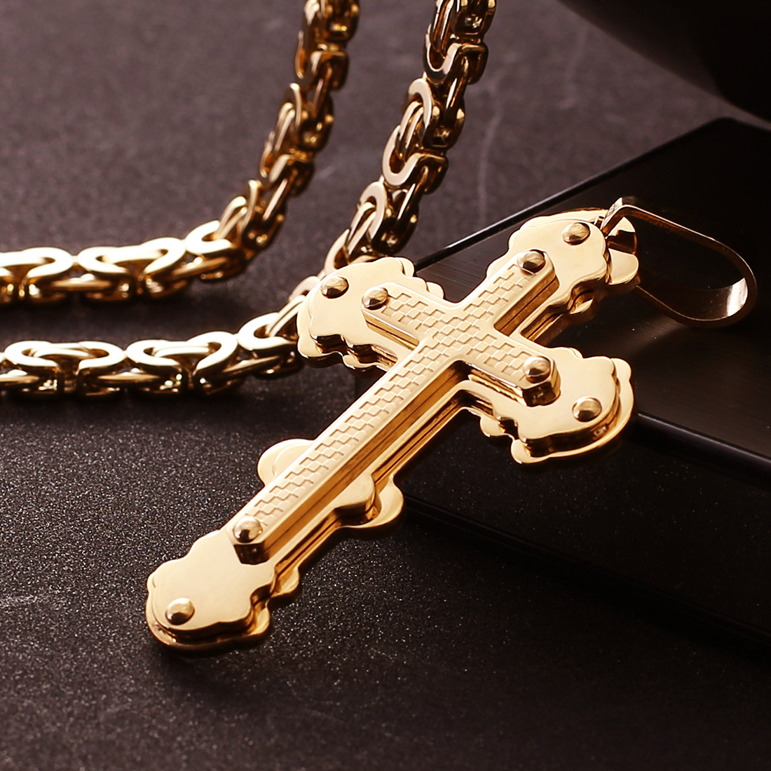 Gold Multi-Layer Plaid Cross Titanium Steel Pendant Necklace