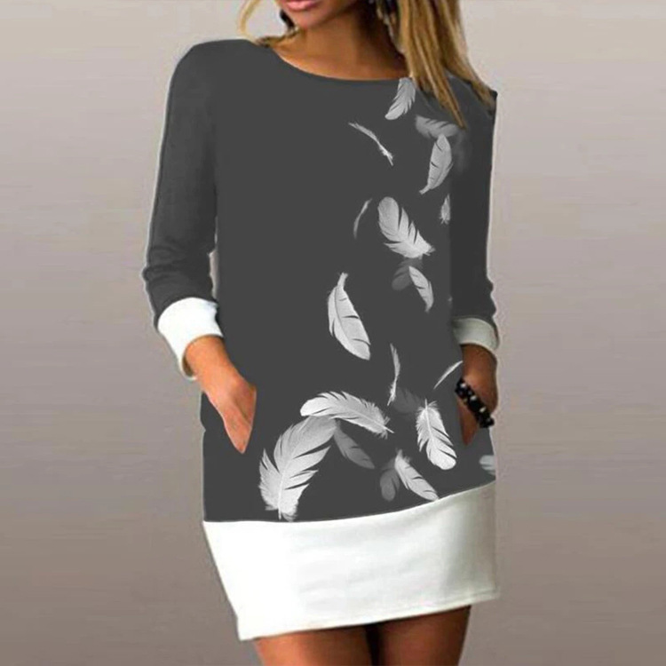 Printed Pullover Long Sleeve Round Neck Loose Dress