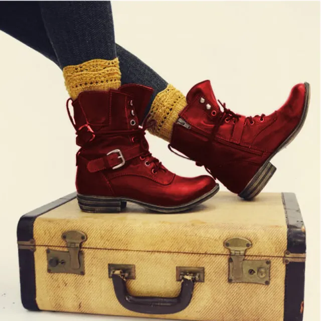 New European And American Style Lace Up Low Heel Martin Boots Red - Shop at LoveMi