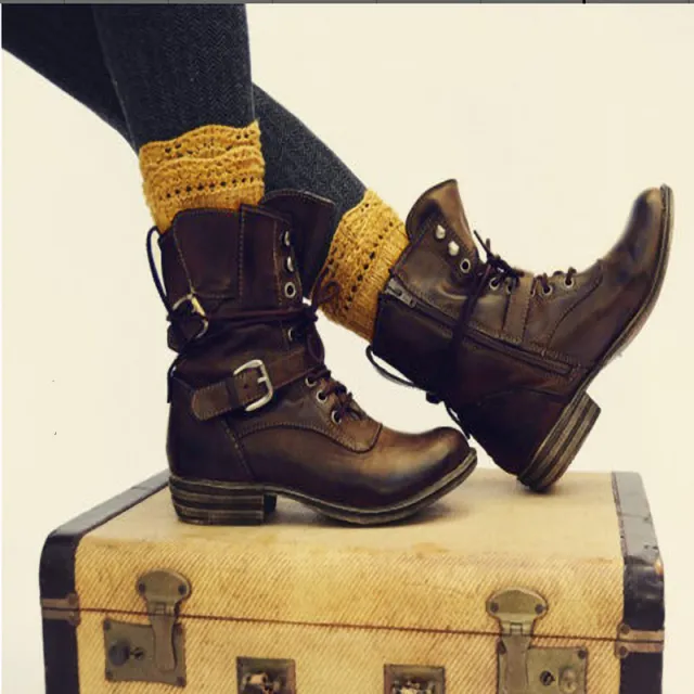 New European And American Style Lace Up Low Heel Martin Boots Coffee - Shop at LoveMi