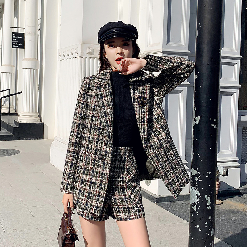 Woolen Plaid Suit Trendy New Style Temperament Suit Jacket Shorts Two Piece Women